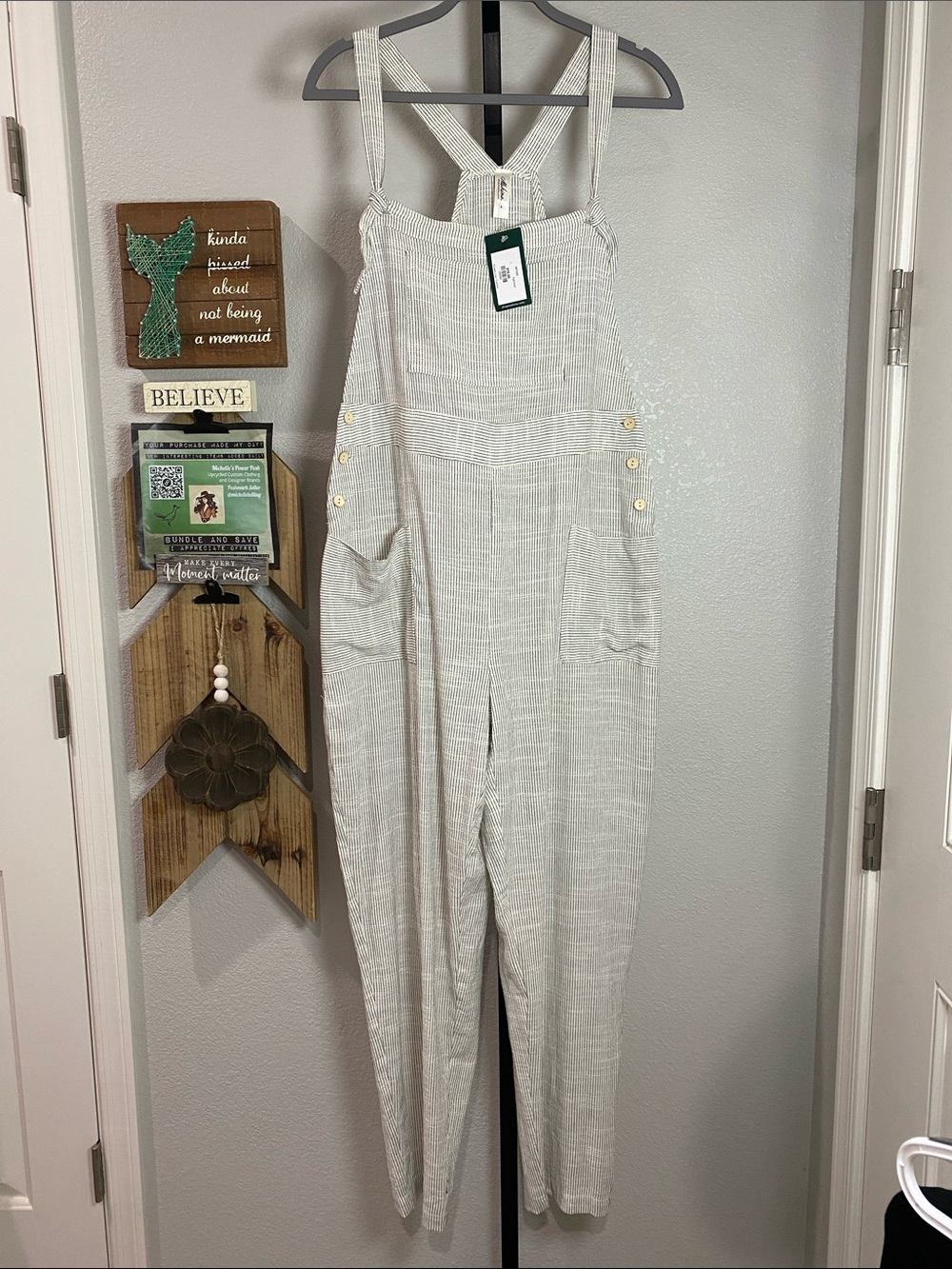 mahina Light cream Linen-Blend Overall Jumpsuit w20 inseam30 retail$76